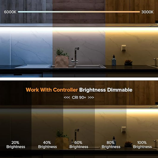 BTF-LIGHTING FCOB COB CCT 3000K-6000K Tunable White LED Strip with RF Remote,UL Listed 24V 24FT 640LEDs/m Super Bright Dimmable Tape Light for Bedroom Kitchen Under Cabinet Indoor Decor