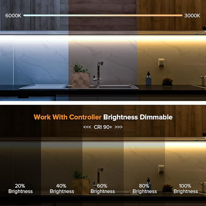 BTF-LIGHTING FCOB COB LED Strip CCT 3000K-6000K Tunable White IP65,UL Listed DC24V 9.8FT CRI 90+ Dimmable LED Tape Lights,640LEDs/m Dotless for Bedroom Kitchen Indoor Decor(No Adapter or Controller)