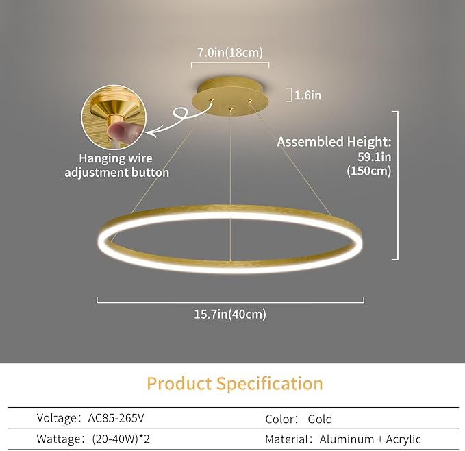 Mikeru Modern Ring Chandelier Light, LED Pendant Light Fixtures with Remote Control 3000k-6500K Adjustable Color Temperature Light for Living Room, Bedroom, Kitchen （15.7in