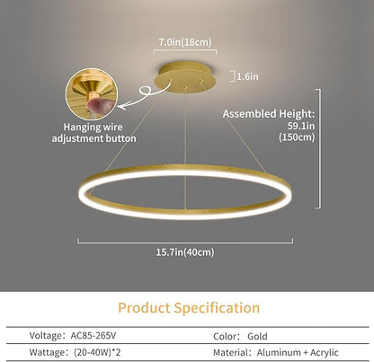 Mikeru Modern Ring Chandelier Light, LED Pendant Light Fixtures with Remote Control 3000k-6500K Adjustable Color Temperature Light for Living Room, Bedroom, Kitchen （15.7in
