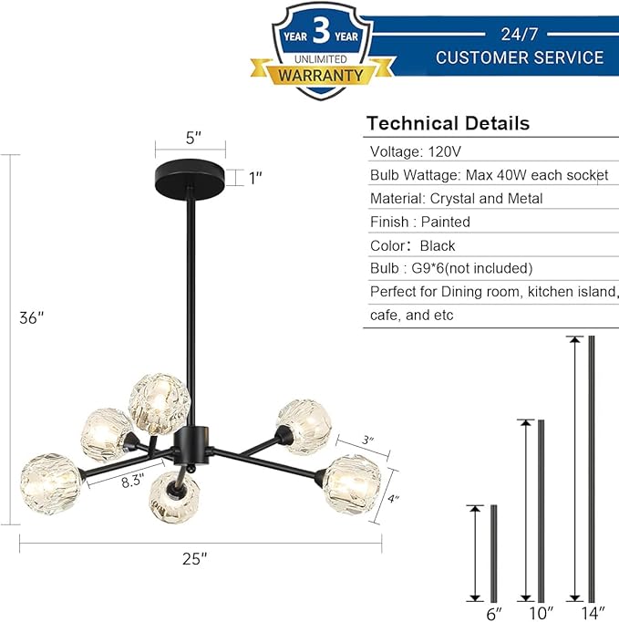 Weesalife Sputnik Chandeliers for Dining Room Light Fixture Over Table, Modern Crystal Chandeliers, 6 Lights Black Lighting Fixtures for Living Room Bedroom Kitchen Island