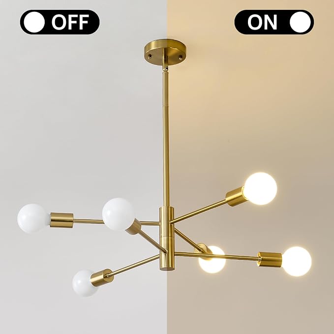 HHR Modern Chandelier Ceiling Light Fixture, 6-Light Brushed Gold Sputnik Chandelier for Kitchen Island Bedroom Living Room, 26-Inch Mid Century Dining Room Light Fixture Over Table, E26
