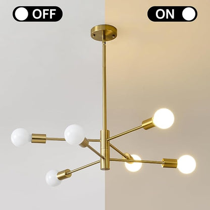 HHR Modern Chandelier Ceiling Light Fixture, 6-Light Brushed Gold Sputnik Chandelier for Kitchen Island Bedroom Living Room, 26-Inch Mid Century Dining Room Light Fixture Over Table, E26