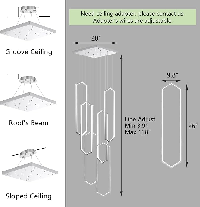 6 Rings Modern Chandelier LED Dimmable Long Large High Ceiling Chandelier Adjust Flush Mount Ceiling Light for Foyer Lobby Living Room Staircaes Sliver