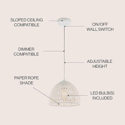 JONATHAN Y 10.25" White Modern Bohemian Woven Rope LED Pendant Light Fixture, Adjustable Dome Ceiling Lamp for Kitchen Island, Rope Shade, Coastal Farmhouse Decor (JYL6513A)
