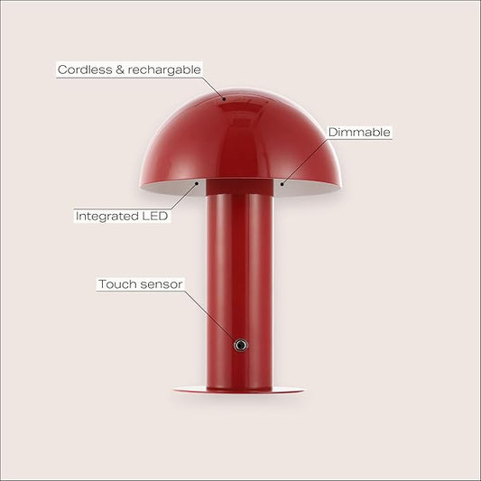 JONATHAN Y 10.75" Red Rechargeable LED Mushroom Table Lamp, Cordless Portable Bedside Lamp for Living Room Bedroom, 3-Way Dimmable Modern Iron Desk Light, Metal Shade (JYL7115G)