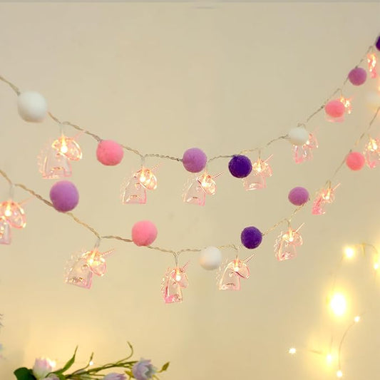 9.85FT Unicorn Decor String Lights with 20 Cute PomPoms 20 Pink Unicorn LED Lights Battery Operated with Timer Decor for Kids Bedroom Birthday Party Kids Playhouse Christmas Home Room Decorations
