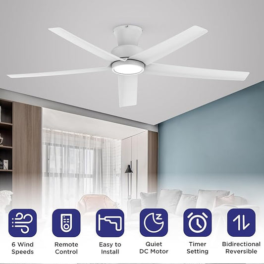 ocioc 52 inch Ceiling Fans with Lights, Large Air Volume Ceiling Fans with Reversible Quiet DC Motor and Remote（White）