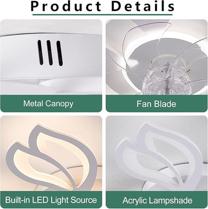 Modern Ceiling Fans with Lights, Low Profile Ceiling Fan with Remote for Bedroom, Flush Mount Ceiling Fan with LED Dimmable Light,3-Colors, 6-Speeds, Timing CeilingFan Light-White Leaves