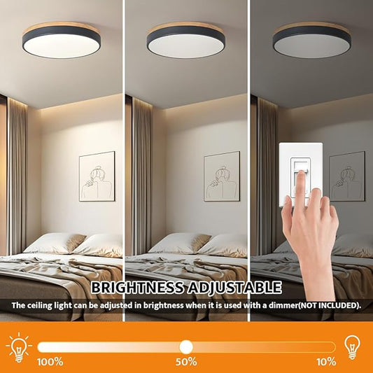 Yiisem Dimmable Wood LED Flush Mount Ceiling Light, 5CCT 2700K-6000K Selectable Modern Round Close to Ceiling Lighting Fixtures, Minimalist Grey Ceiling Lamp for Living Room, Bedroom, Laundry Room