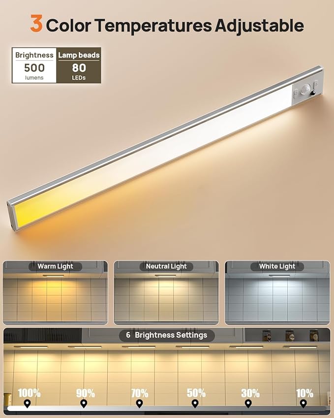 16in Under Cabinet Lighting with Remote, LED Motion Sensor Light Indoor, Rechargeable Closet Lights Wireless, Dimmable, 3 Color Temps, Magnetic Under Counter Lights for Kitchen, Pantry, Stair, 3 Pack