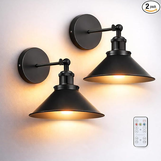 Battery Operated Wall Sconce Set of 2,Vintage Sconces Wall Decor Set of 2 with Remote,Dimmable Wall Lights for Living Room,Wall Lamp Fixture Indoor Bedroom Farmhouse Gallery Kitchen,Black