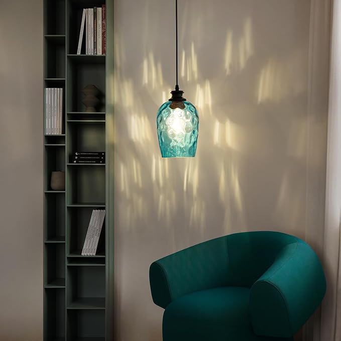 Blue Plug in Pendant Light Hand Blown Glass Shade Textured for Rippled Glow Dimmable Switch 16.4 Ft Cord E26 Base for Bedroom Office Nursery Indoor Outdoor Lighting