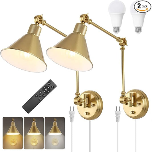 TRLIFE Wall Sconce with Remote Control, Brushed Brass Plug in Wall Sconces Dimmable and Adjustable Color Temperature 2700K-6000K, Swing Arm Wall Lights with Plug in Cord, UL Listed(2 Pack, 2 Bulbs)