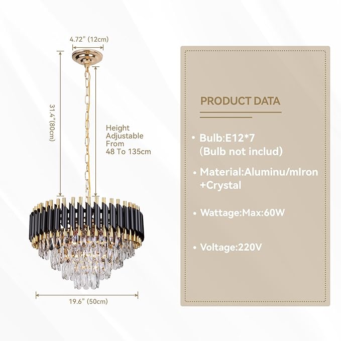 FRIXCHUR Modern Crystal Chandelier 20" Black Flush Mount Led Crystal Ceiling Light 4 Tiers Raindrop Crystal Pendant Light Led Chandelier for Bedroom Dining Room Entryway E12*7(Exclud Bulbs)