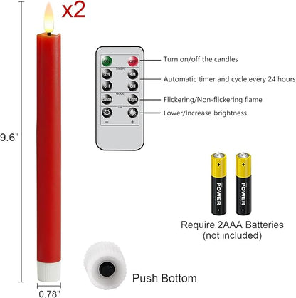 GenSwin Flameless Taper Candles with 10-Key Remote Timer, Set of 2 Red Real Wax LED Taper Candles Battery Operated, Flameless Candlesticks with 3D Wick for Halloween Christmas Decor(0.78” x 9.6”)