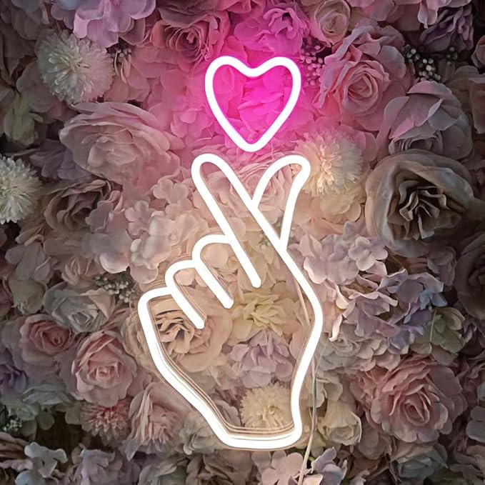 Finger Heart Neon Sign for Room Decor, 16.5x8 Inches Kpop & K-Drama Symbol Heart Gesture Neon Signs for Bedroom, Home Office, Dimmable LED Love Neon Light Gift for Anniversary, Girl…