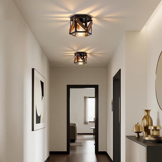 XSDeTu 2 Pack Farmhouse Flush Mount Ceiling Light, Rustic Hallway Light Fixtures Ceiling, Vintage Black Lighting Fixtures with Metal and Wood Cage, Small Chandelier for Kitchen Sink Entryway Bathroom