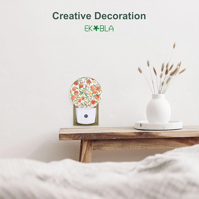 EKOBLA Plug-in Peach Night Light, Watercolor Fruit Design, Dusk to Dawn Sensor, Peach with Leaf Nightlight Decor for Men Women Bedroom Bathroom