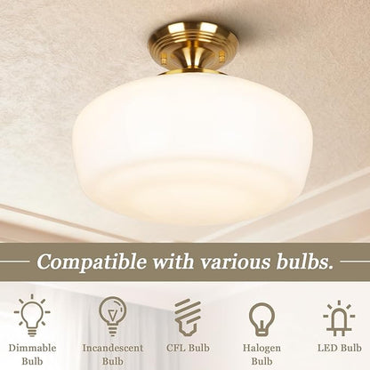 Large Schoolhouse Style Semi Flush Mount Ceiling Light Fixture, 14" Modern Gold Hallway Ceiling Lamp with Opal Milk Glass Shade Brass, Farmhouse Globe Light for Bedroom Kitchen Hallway Entryway