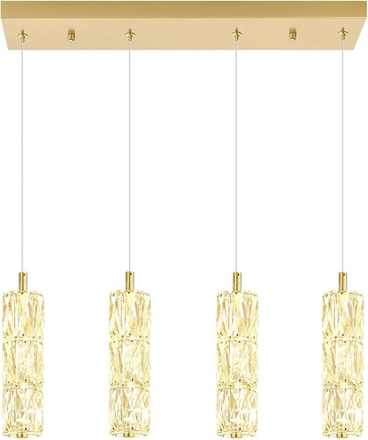 ykolupty Rectangle Crystal Pendant Lights LED Dimmable Pendant Ceiling Lighting Modern Linear Chandelier for Dining Room Hallway Gold