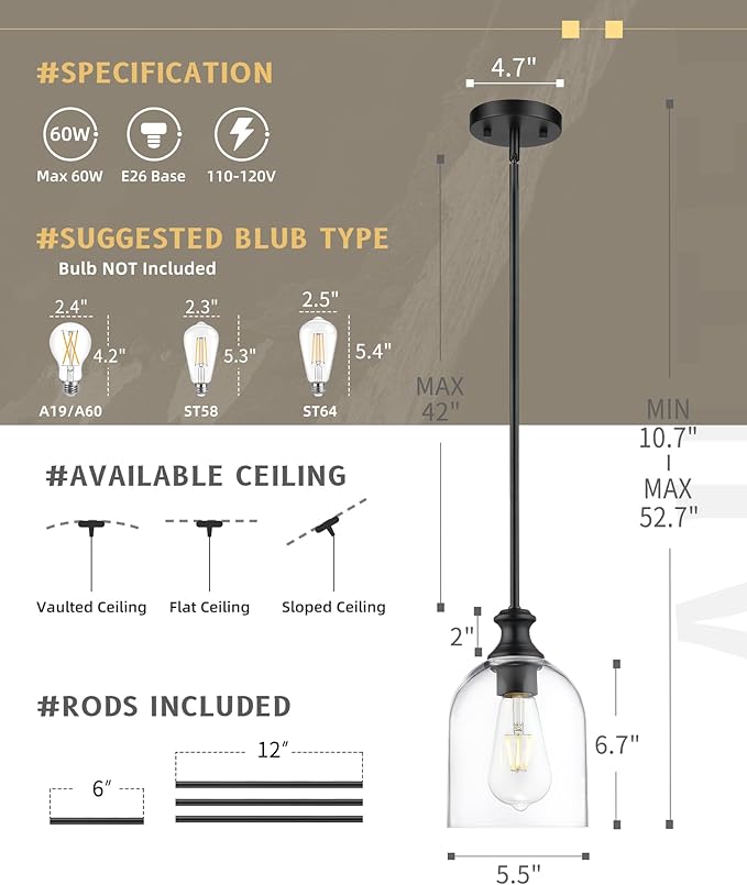 AUTELO Black Pendant Lights Kitchen Island, 1-Light Pendant Lights in Black Finish with Clear Cylinder Glass, Modern Pendant Light Fixtures, Hanging Lamp for Kitchen Island H2511 CLBK