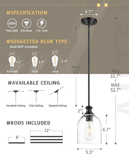 AUTELO Black Pendant Lights Kitchen Island, 1-Light Pendant Lights in Black Finish with Clear Cylinder Glass, Modern Pendant Light Fixtures, Hanging Lamp for Kitchen Island H2511 CLBK