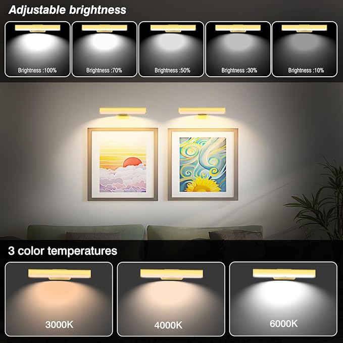 4Pack Wireless Picture Light with Remote,Battery Operated Wall Sconces for Wall Decor,3 Color Timer&Dimmable Paintings Light LED Art Display Lamp Picture Frame Light for Artwork Posters Gallery-Gold