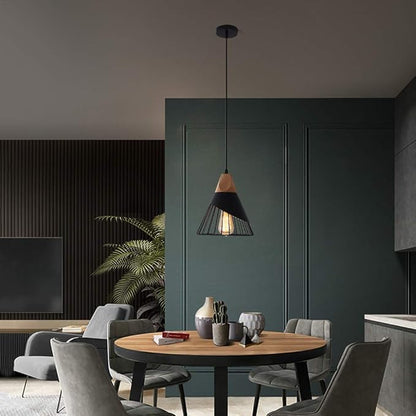 Black Farmhouse Wooden Pendant Light,Rustic Wood & Metal Pendant Lighting, Adjustable Height Hanging Ceiling Light Fixture for Kitchen Island Dining Room Bedroom Hallway