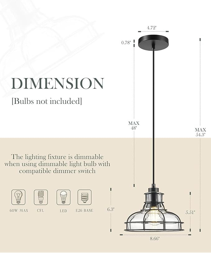 Industrial Pendant Lights Kitchen Island Black 8.7", 2 Pack Hanging Light Fixtures with Clear Glass and Metal Cage, Farmhouse Kitchen Pendant Light for Dining Room, Bedroom, Living Room