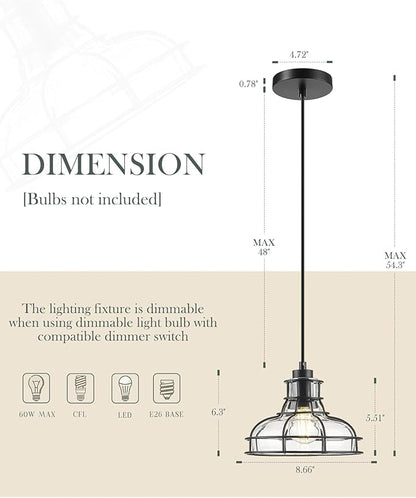 Industrial Pendant Lights Kitchen Island Black 8.7", 2 Pack Hanging Light Fixtures with Clear Glass and Metal Cage, Farmhouse Kitchen Pendant Light for Dining Room, Bedroom, Living Room