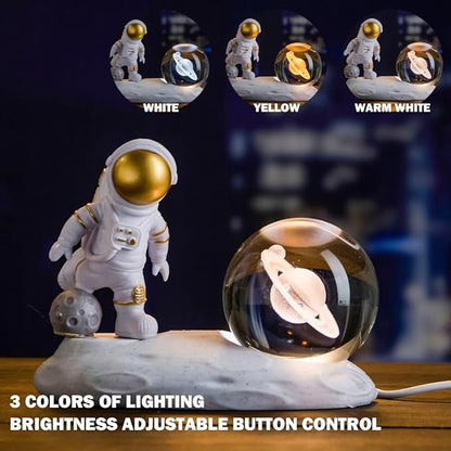 3D Astronaut Crystal Ball Night Light, 3D Inner Carved Crystal Ball Night Lamp, Glowing Crystal Ball with LED Light Base, Color Changing Light & Kids Birthday Gift (Blue, Saturn)