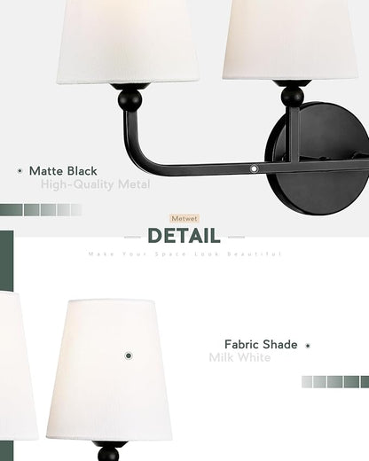 Bathroom Light Fixtures, 4 Light Matte Black Vanity Lights with Flared White Fabric Shade, 28 Inch Wall Sconce, Modern Sconces Wall Lighting for Hallway Bedroom, VL837-MB-4