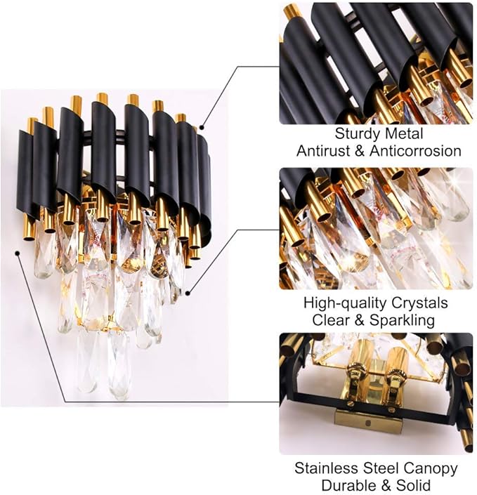 FRIXCHUR Modern Crystal Wall Sconce Lighting Black Crystal Wall Light Fixture Bedside Light 3 Tiers Crystal Wall Lamp for Bedroom Bathroom Dinning Living Room Hallway 2X E12 Base