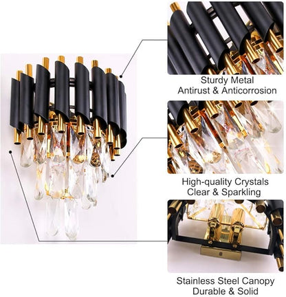 FRIXCHUR Modern Crystal Wall Sconce Lighting Black Crystal Wall Light Fixture Bedside Light 3 Tiers Crystal Wall Lamp for Bedroom Bathroom Dinning Living Room Hallway 2X E12 Base