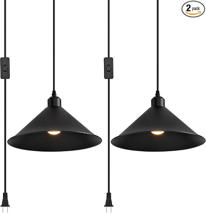 11.8IN Plug in Pendant Light, 2 Pack Industrial Hanging Lamp Black Vintage Pendant Lighting Fixtures with 15ft Cord On/Off Switch for Kitchen Island Dinning Hall, Bedroom