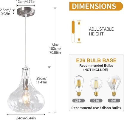 Modern Glass Pendant Light 9.44 in Clear Hammered Glass Shade Brushed Nickel Farmhouse Island Pendant Lights for Kitchen Pendant Lighting Over Sink Bedroom Dining Room