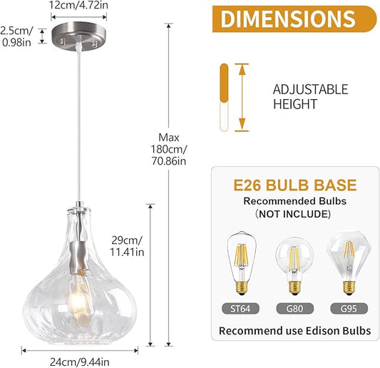 Modern Glass Pendant Light 9.44 in Clear Hammered Glass Shade Brushed Nickel Farmhouse Island Pendant Lights for Kitchen Pendant Lighting Over Sink Bedroom Dining Room