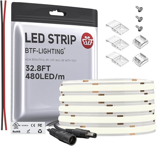 BTF-LIGHTING FCOB COB LED Strip Flexible High Density Uniform Light 9W/m 32.8FT DC24V Daylight White 5000K 480LEDs/m CRI 90+ 8mm Width Dimmable LED Ribbon for Indoor Decor(No Adapter or Controller)