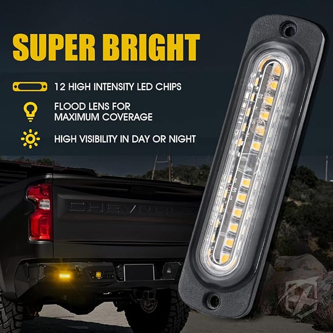 Xprite Amber 12 LED Emergency Strobe Lights Kit Surface Flush Mount Side Marker Grill Grille Hazard Warning Flashing Light Head for Off-Road Vehicles ATV Trucks Cars - 8PCS