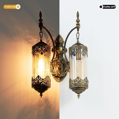 Rustic Wall Sconce with Amber Glass Vintage Antique Gothic Wall Light Fixture Retro Mid Centry Lantern Wall Sconce for Bedroom, Living Room, Mirror, Brush Gold