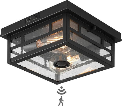 CALOKES Outdoor Flush Mount Motion Sensor Ceiling Light - Timeless Industrial Design with Seeded Clear Glass for Your Porch, Driveway, Covered Patio, Farmhouse, and Entryway