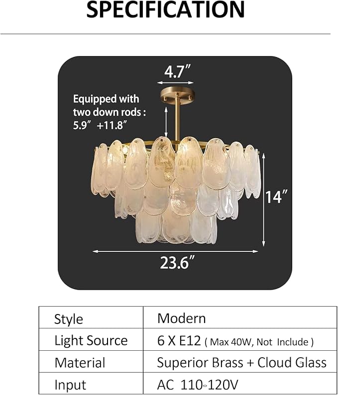 24in Gold Crystal Chandelier Modern Pendant Lighting 6-Light Round Crystal Chandeliers for Kitchen Island Cloud Glass Multi-Tier Light Fixture for Dining Room, Living Room, Kitchen