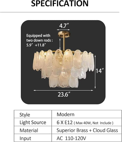 24in Gold Crystal Chandelier Modern Pendant Lighting 6-Light Round Crystal Chandeliers for Kitchen Island Cloud Glass Multi-Tier Light Fixture for Dining Room, Living Room, Kitchen