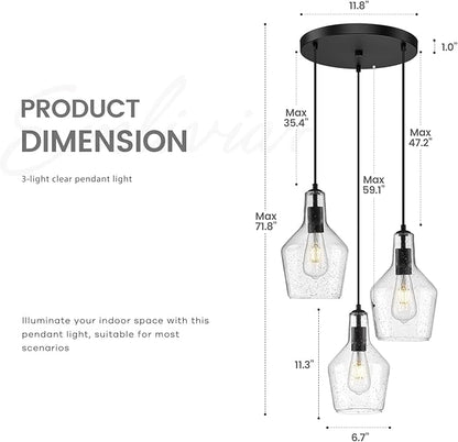 Emliviar 3-Light Chandelier Hanging Light Fixture, Modern Cluster Pendant Lighting for Kitchen Island with Clear Seeded Glass, Black Finish, DYE286G2-3 BK