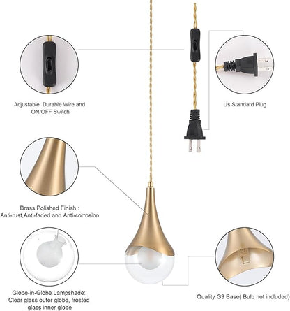 MWZ Gold Plug in Pendant Light,Hanging Lights with Plug in Cord On/Off Switch, Mini Brass Pendant Lights for Kitchen Island,Modern Raindrop Lamps Fixture with Globe Glass Shade for Bedroom