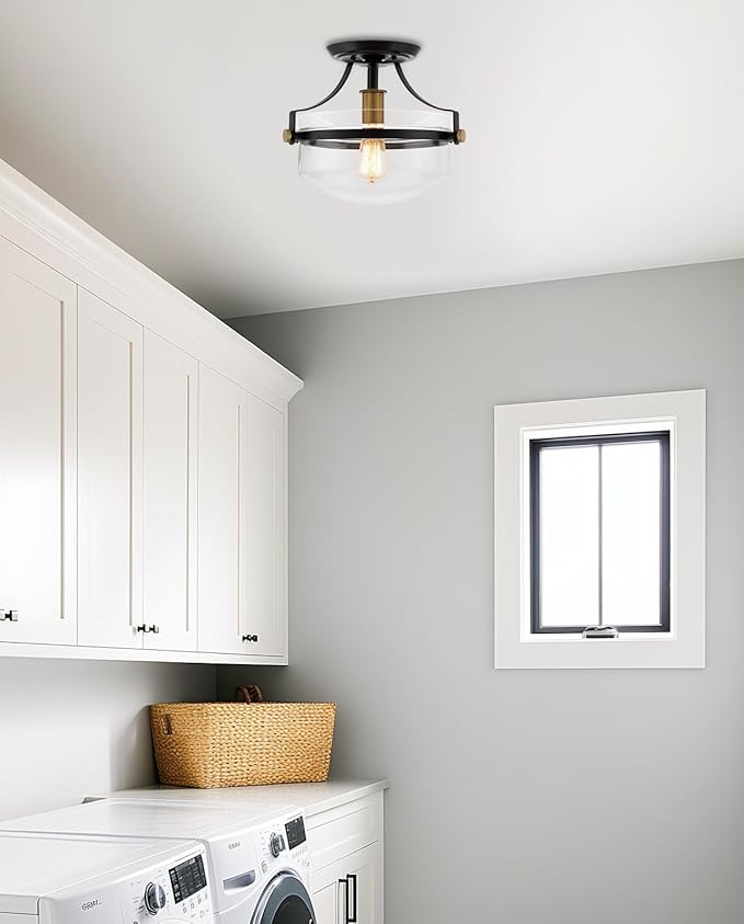 Kira Home Zurich 12" Modern Industrial Semi-Flush Mount Ceiling Light, Two-Tone Fixture with Clear Glass Schoolhouse Bowl Shade, Warm Brass and Black Finish