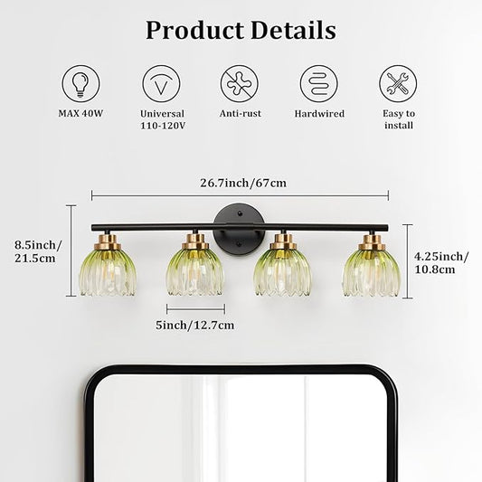 TALOYA Bathroom Vanity Light Fixtures, 4-Light Modern Black and Gold Wall Lights for Mirror, Green Tulip Glass Shades Over Sink Lighting for Bedroom, Living Room, and Hallway,Farmhouse