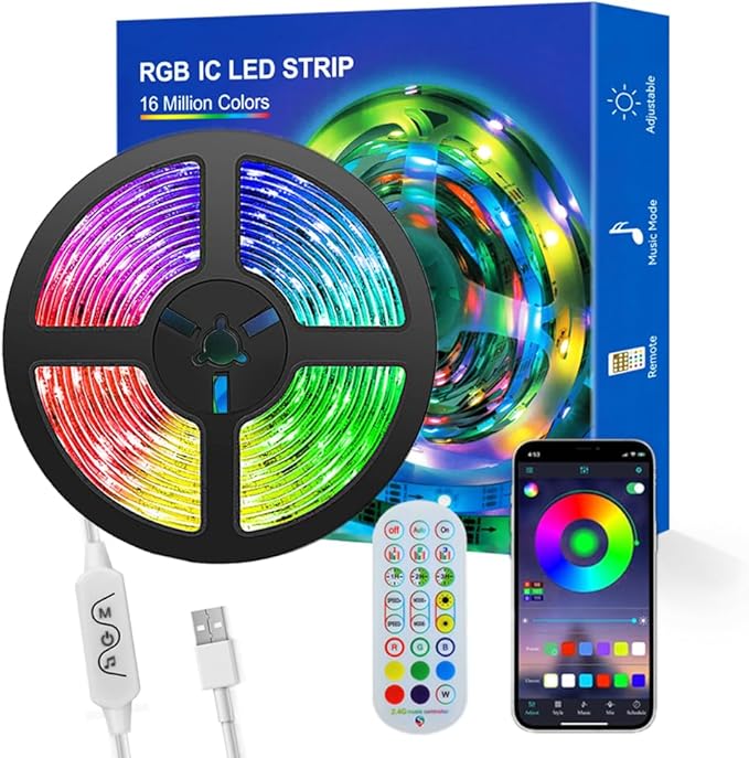 WS2812b LED Strip Ket Individually Addressable LED Strip 9.8FT 30Pixels/m,Smart LED Lights,Bluetooth APP Remote Control Music Sync, USB 5V for Room Home TV Party Decoration