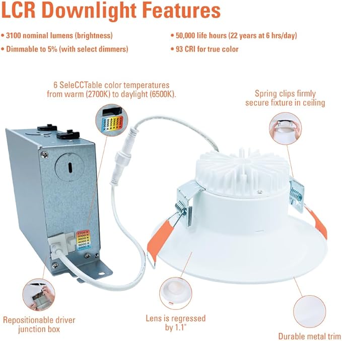 HALO LCR 6 in Regressed Canless LED Recessed Downlight, 42W, 6 Selectable Color Temperatures 2700K-6500K, Dimmable, 3000 Lumens, IC Rated, Wet Location, Matte White - LCR630RD9FSE010